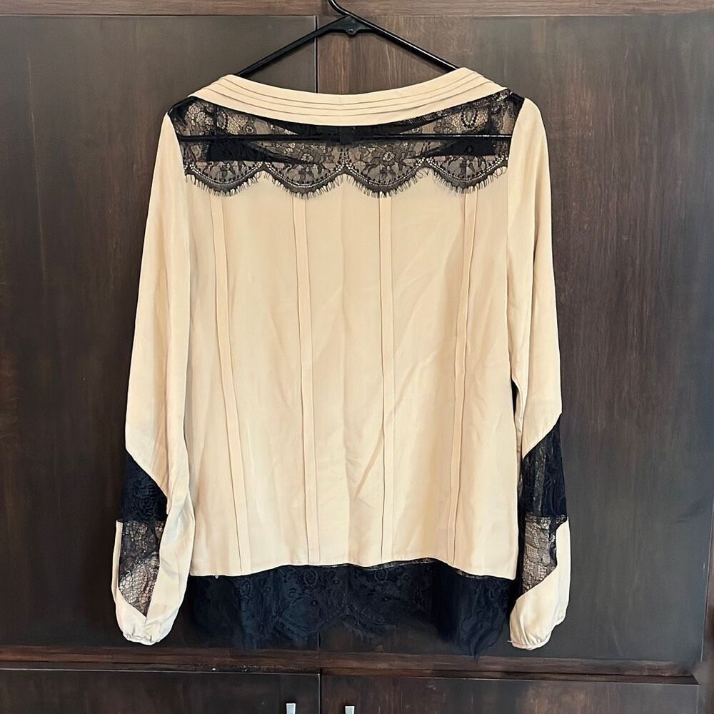Aryn K Silk Tan & Black Lace Long Sleeve Blouse Medium - Picture 2 of 7